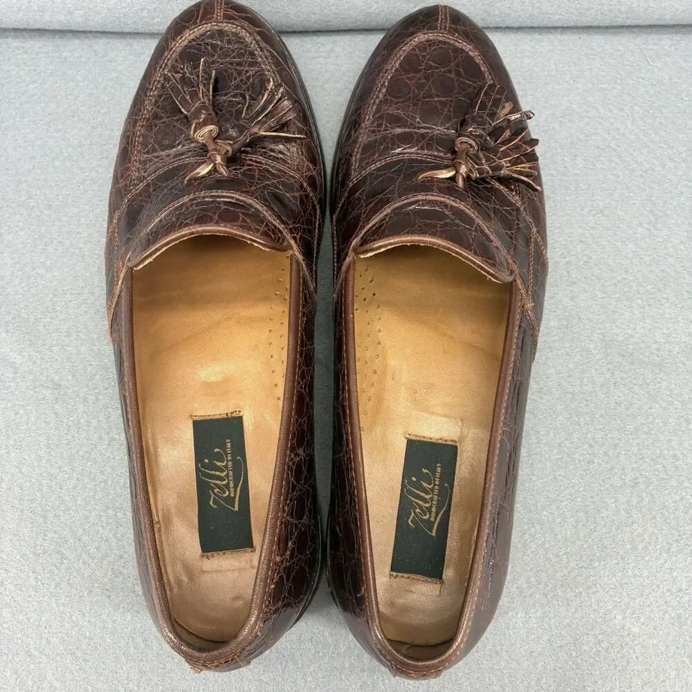 Zelli Genuine Crocodile Tassel Loafers Men’s 9.5M Brown Handmade Italy